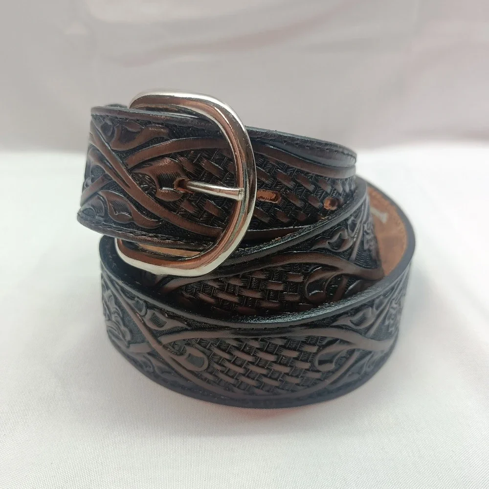 Nocona Belt Co Womens Brown Tooled Leather Western Belt Floral Basketweave 36